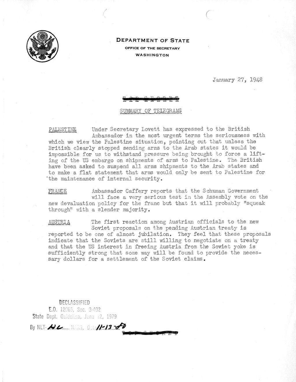 Memorandum, Department of State Summary of Telegrams