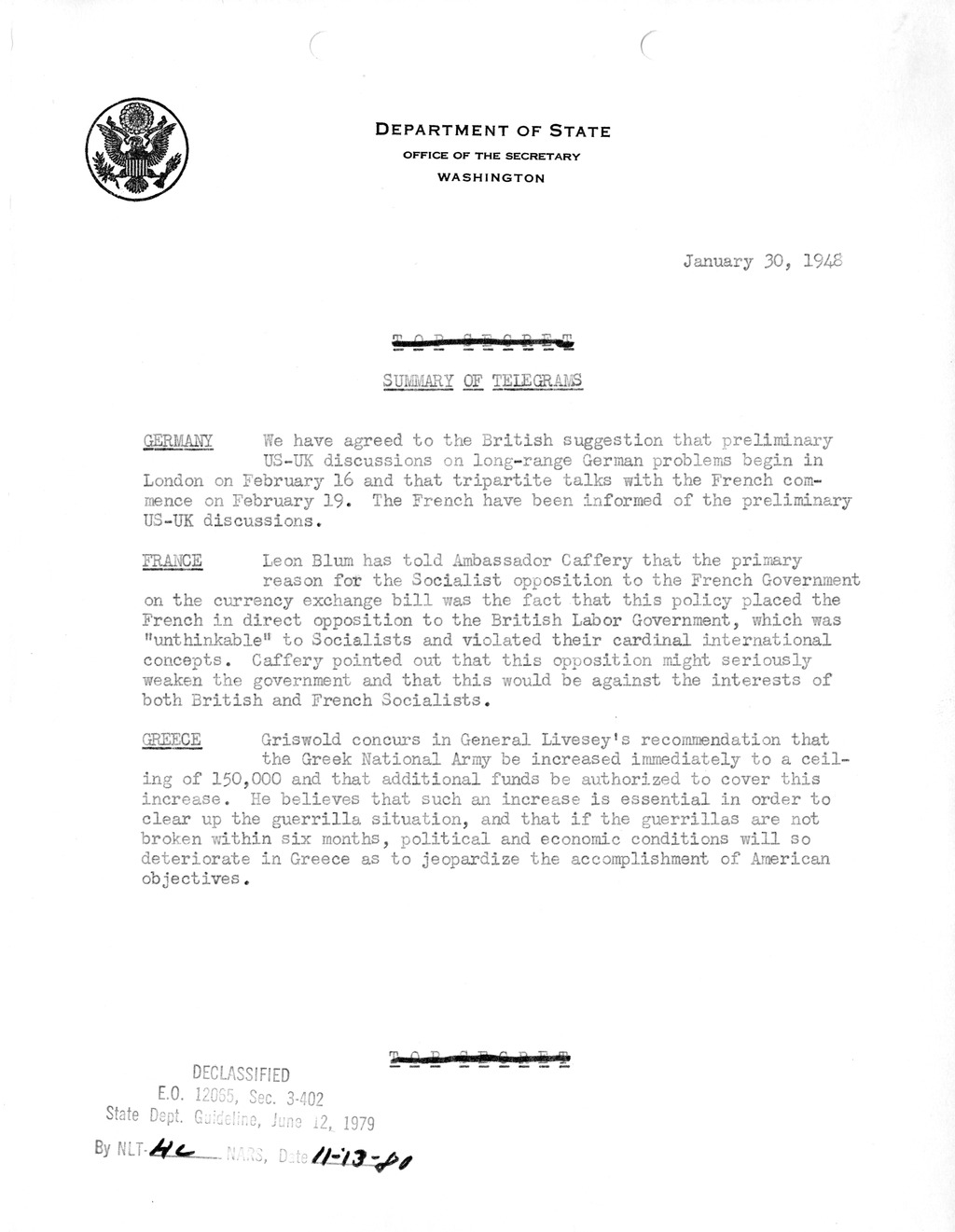 Memorandum, Department of State Summary of Telegrams