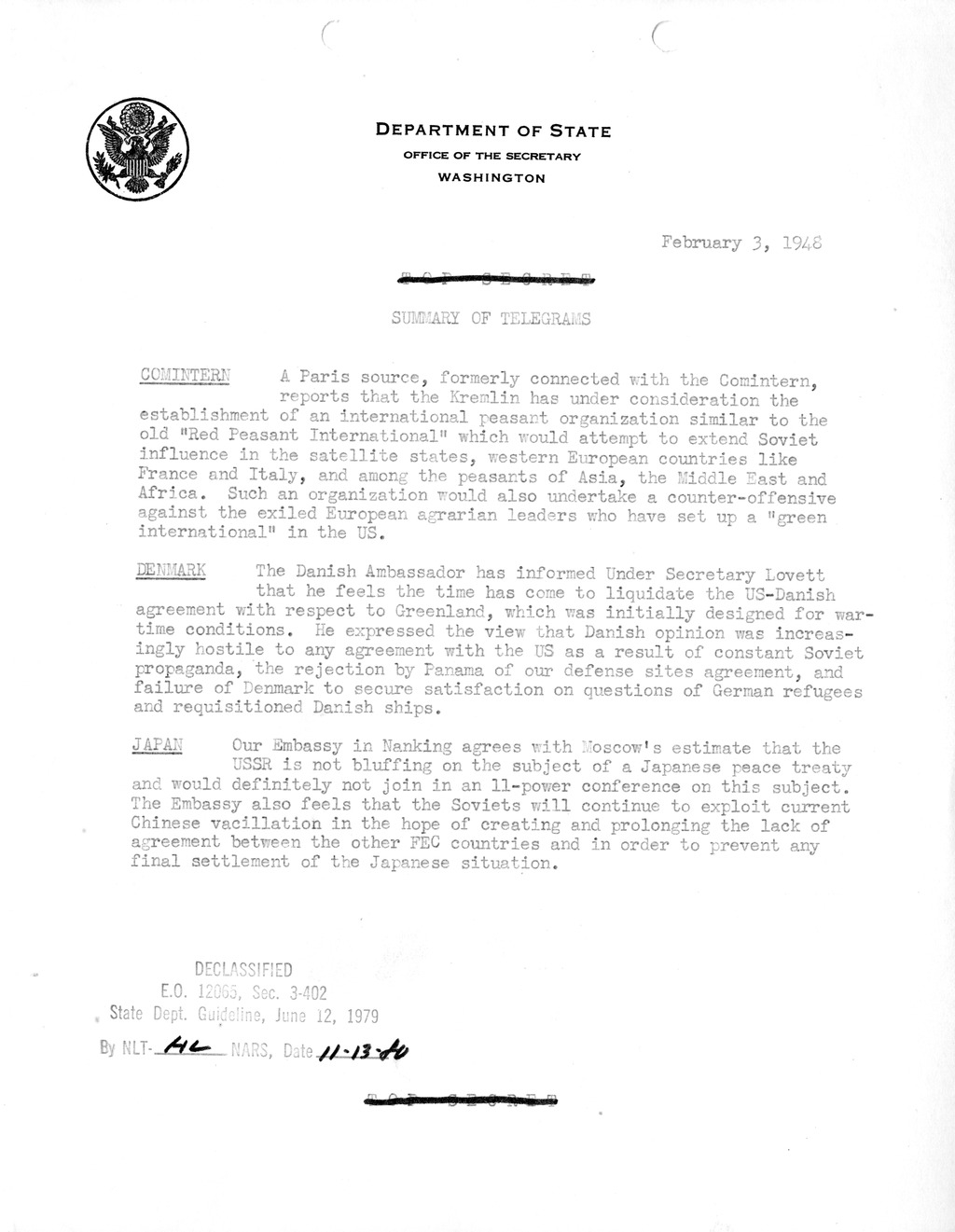 Memorandum, Department of State Summary of Telegrams