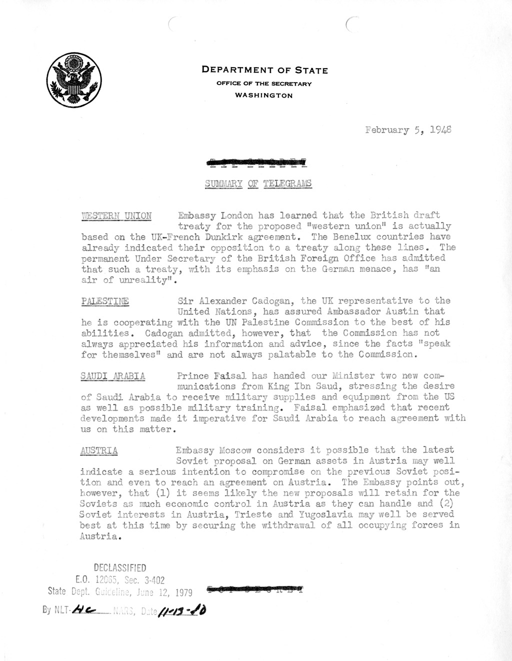 Memorandum, Department of State Summary of Telegrams