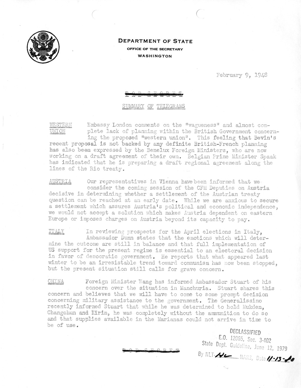 Memorandum, Department of State Summary of Telegrams