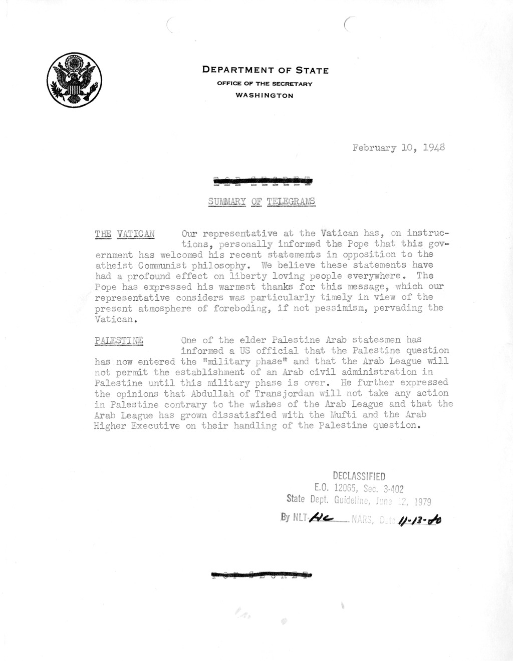 Memorandum, Department of State Summary of Telegrams