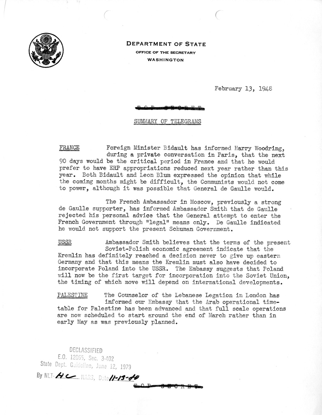 Memorandum, Department of State Summary of Telegrams