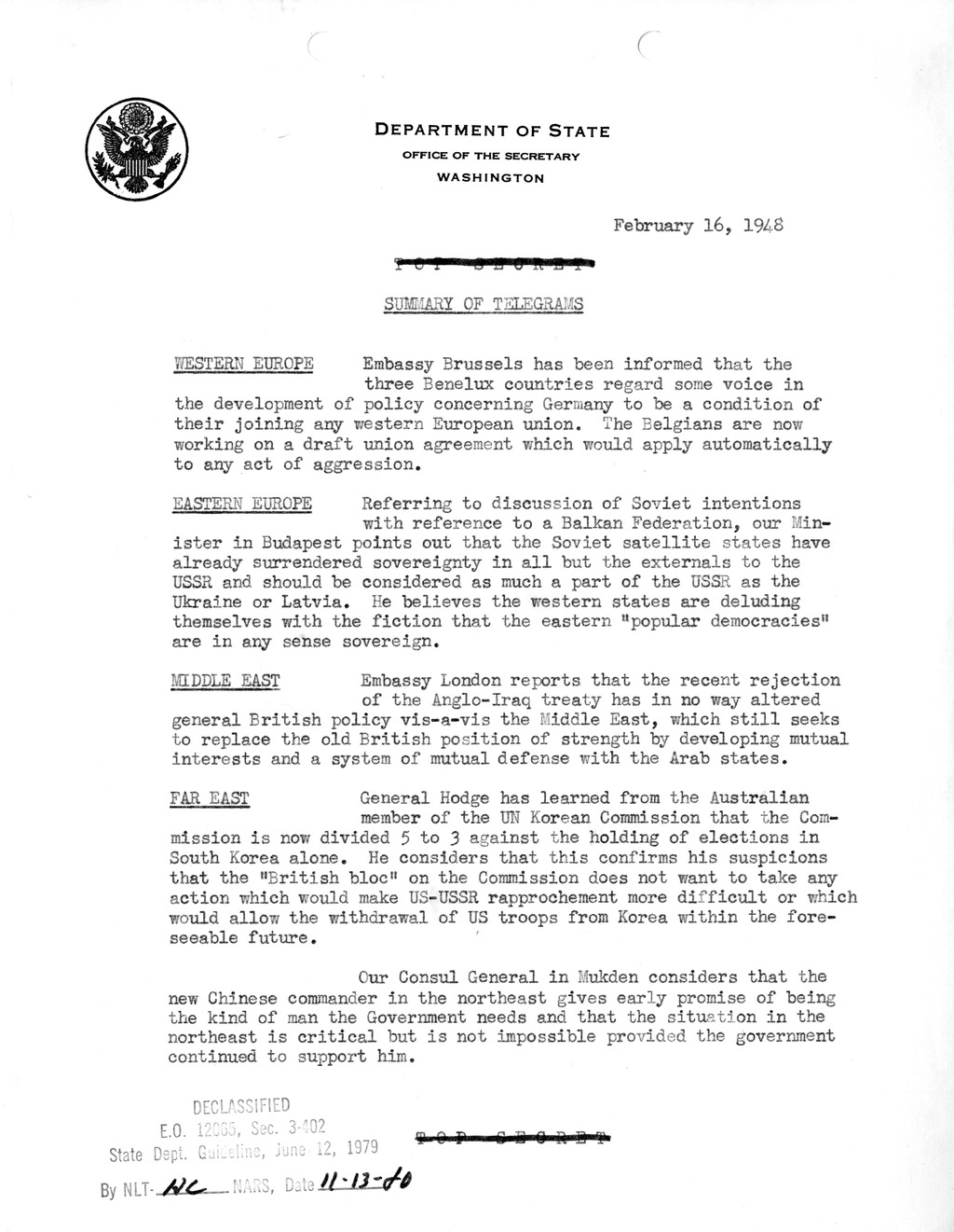 Memorandum, Department of State Summary of Telegrams