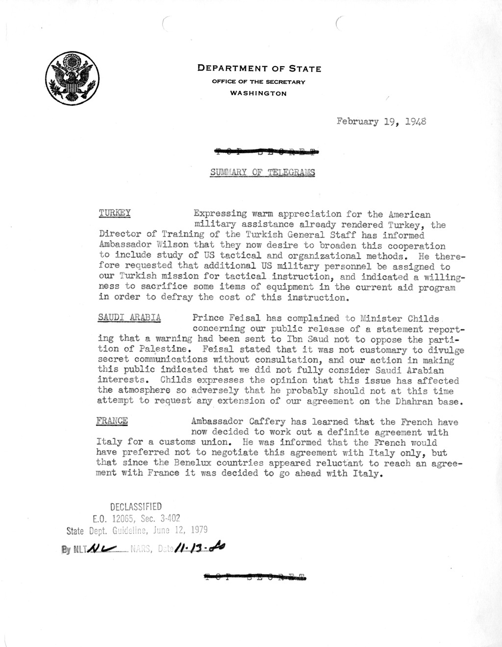 Memorandum, Department of State Summary of Telegrams