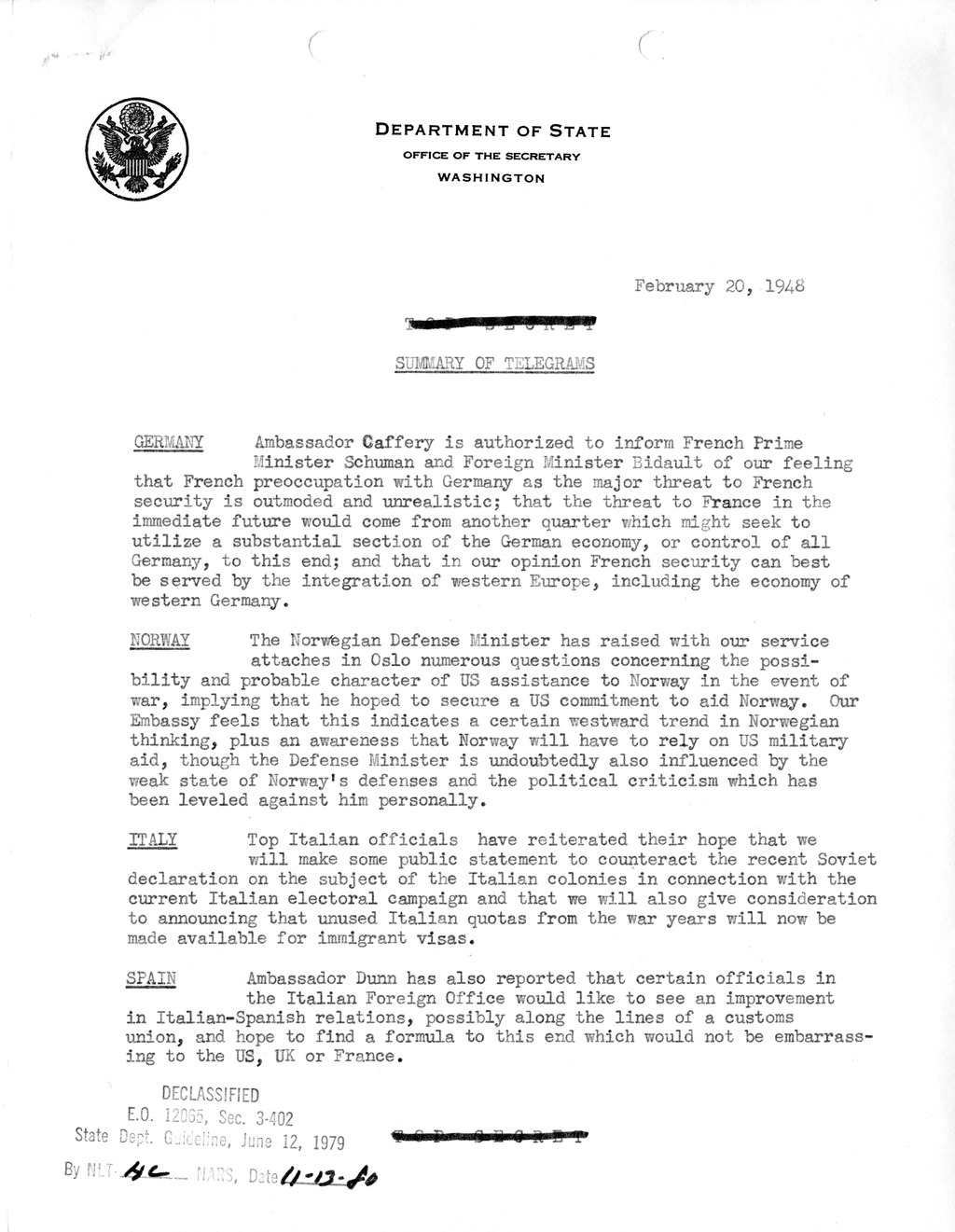 Memorandum, Department of State Summary of Telegrams