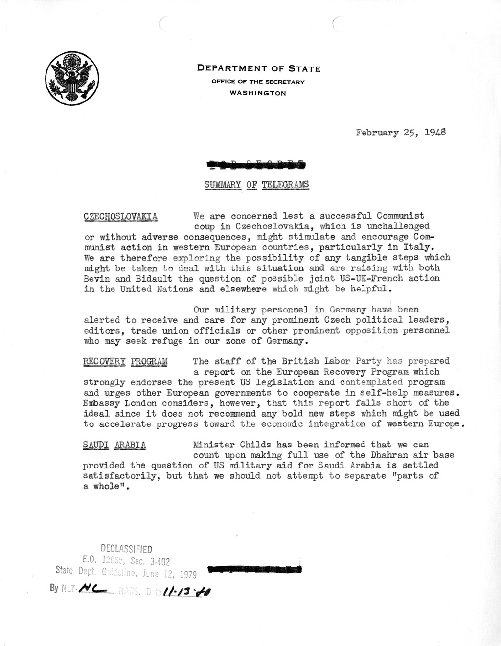 Memorandum, Department of State Summary of Telegrams
