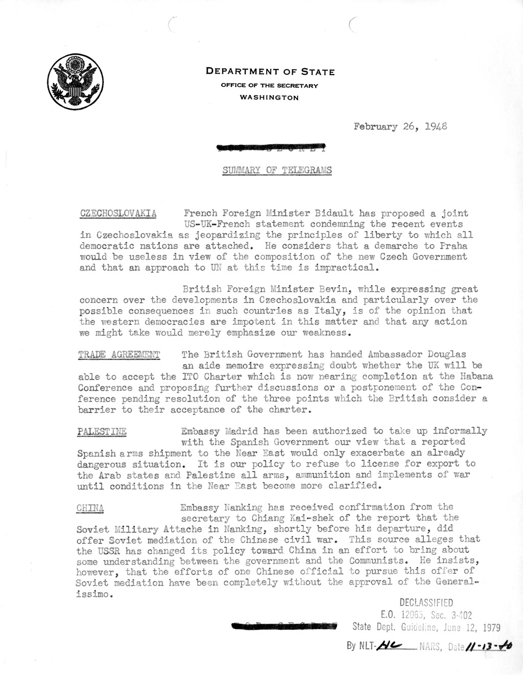 Memorandum, Department of State Summary of Telegrams