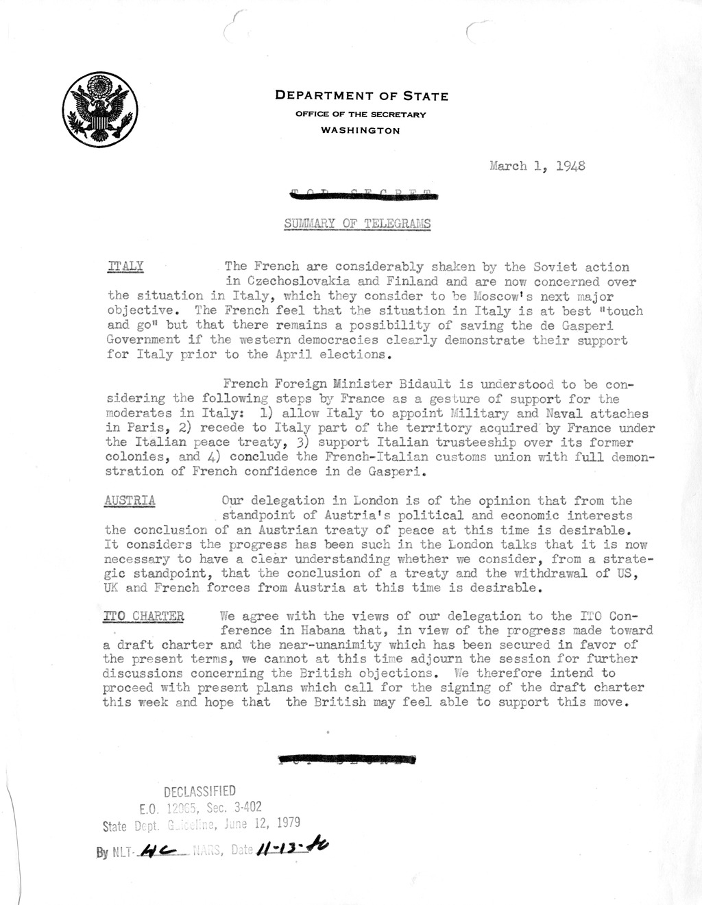 Memorandum, Department of State Summary of Telegrams