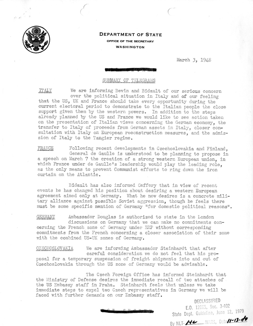 Memorandum, Department of State Summary of Telegrams