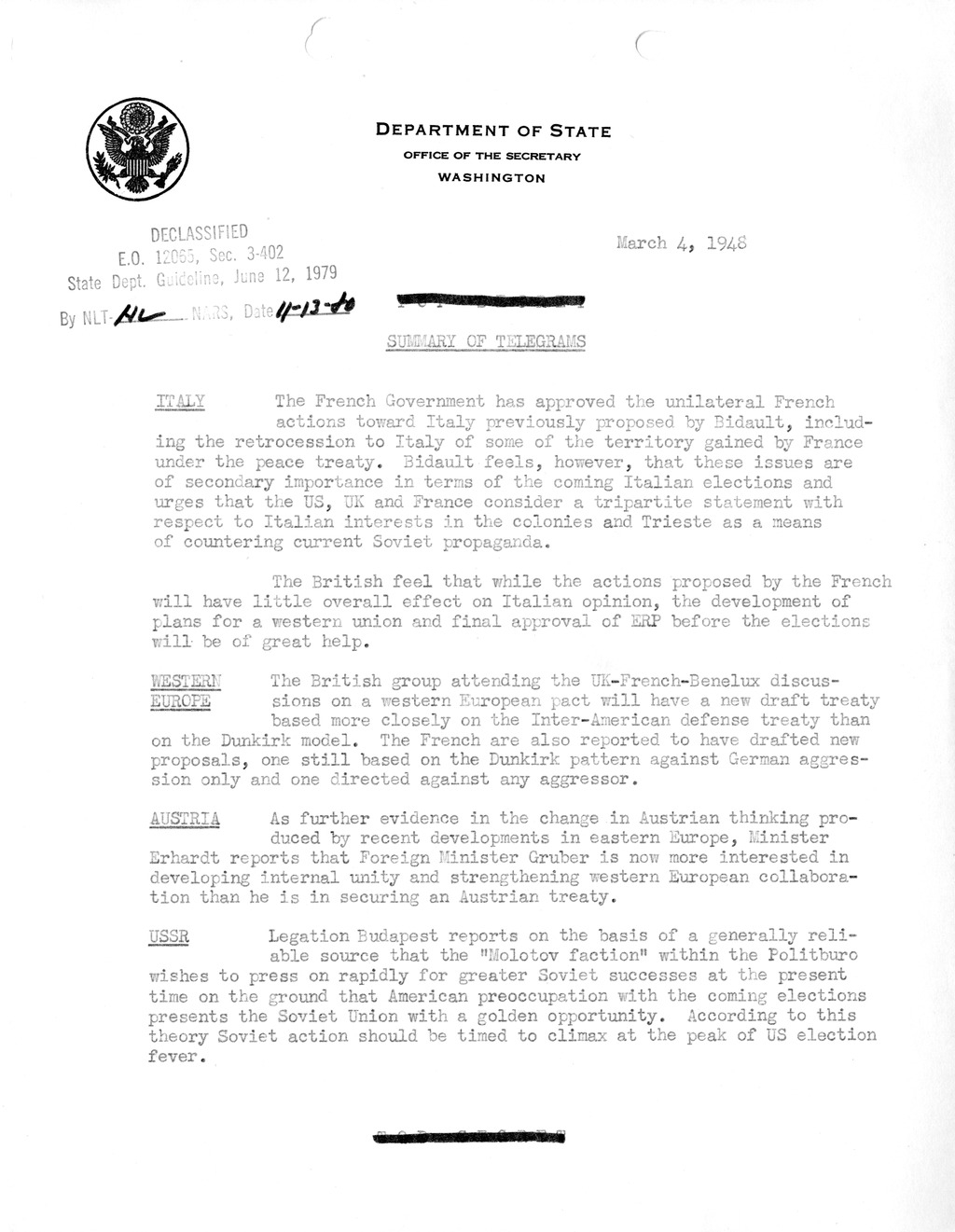 Memorandum, Department of State Summary of Telegrams
