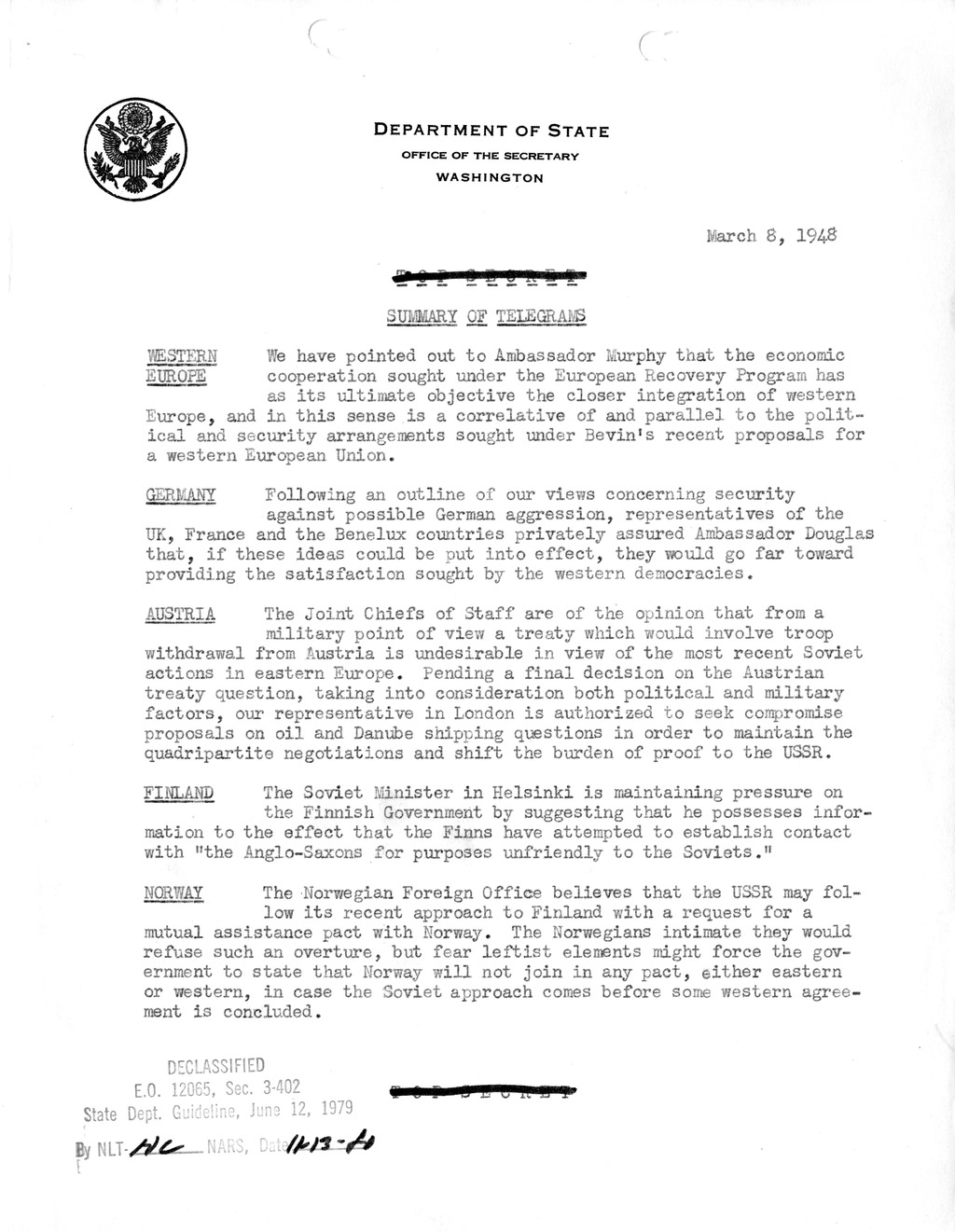 Memorandum, Department of State Summary of Telegrams