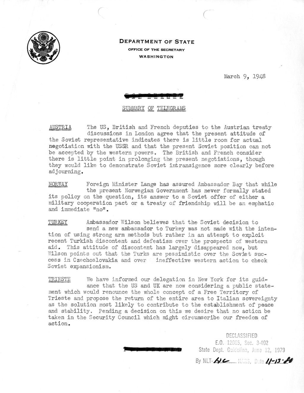 Memorandum, Department of State Summary of Telegrams