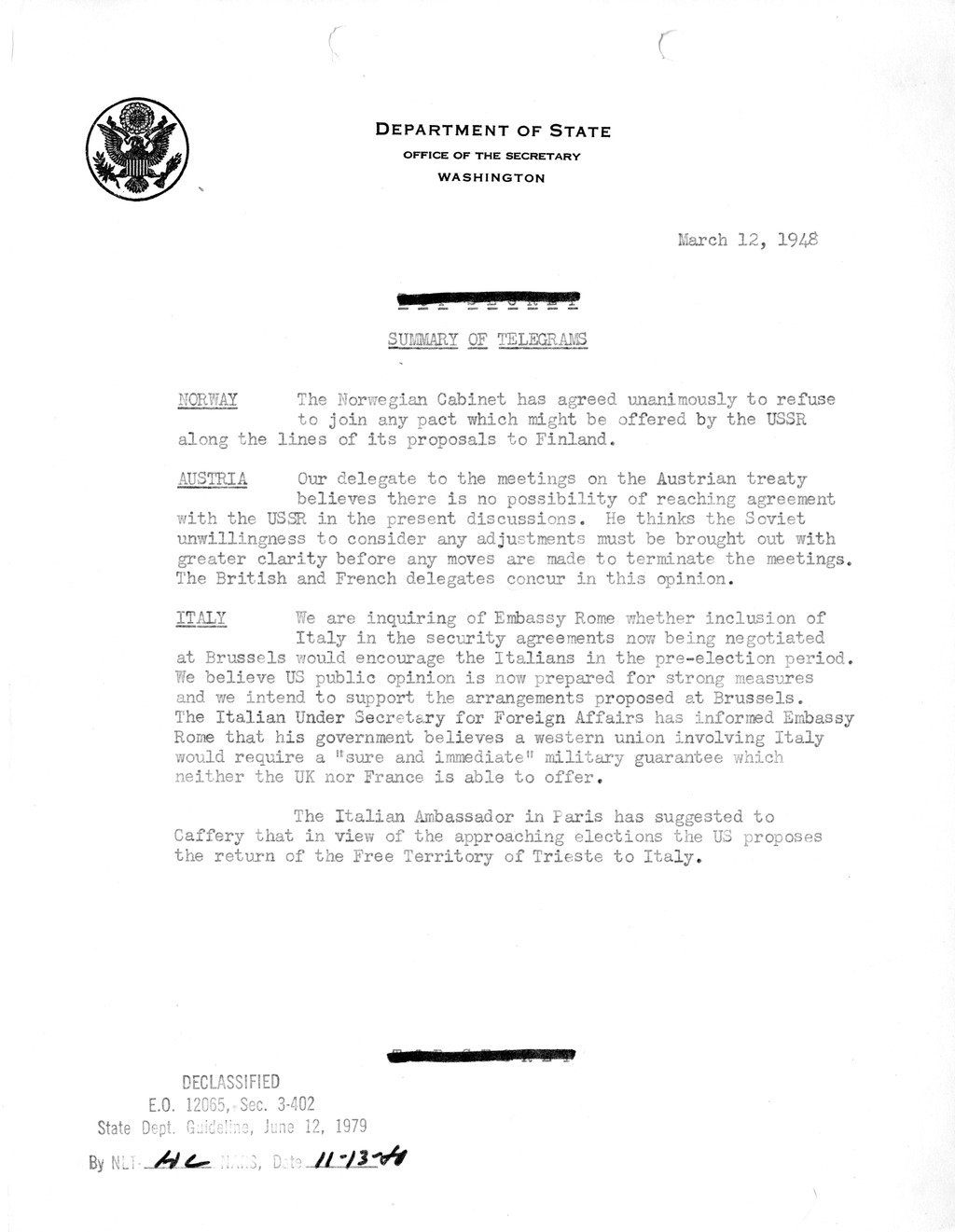 Memorandum, Department of State Summary of Telegrams