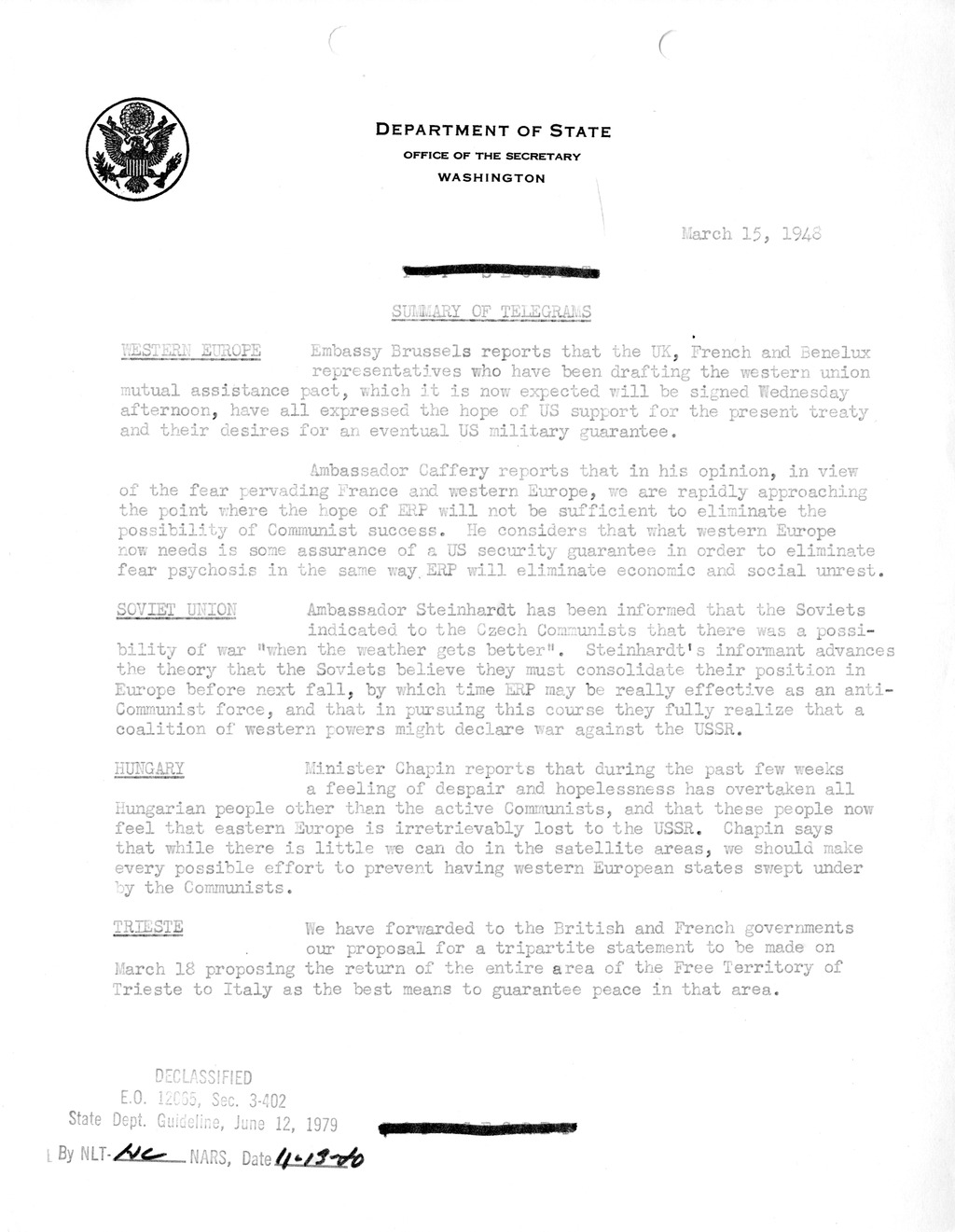Memorandum, Department of State Summary of Telegrams