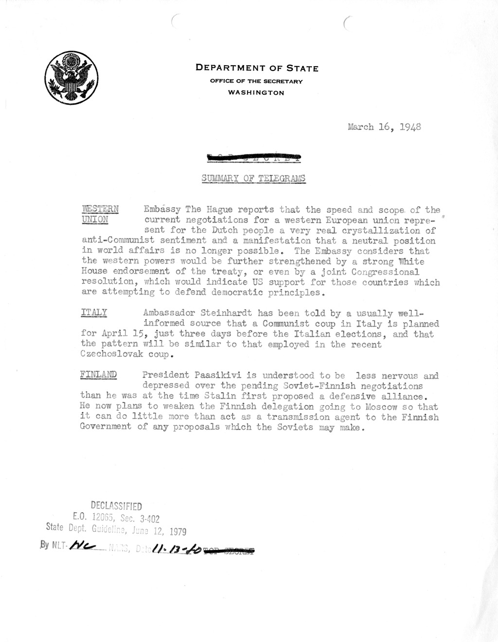 Memorandum, Department of State Summary of Telegrams