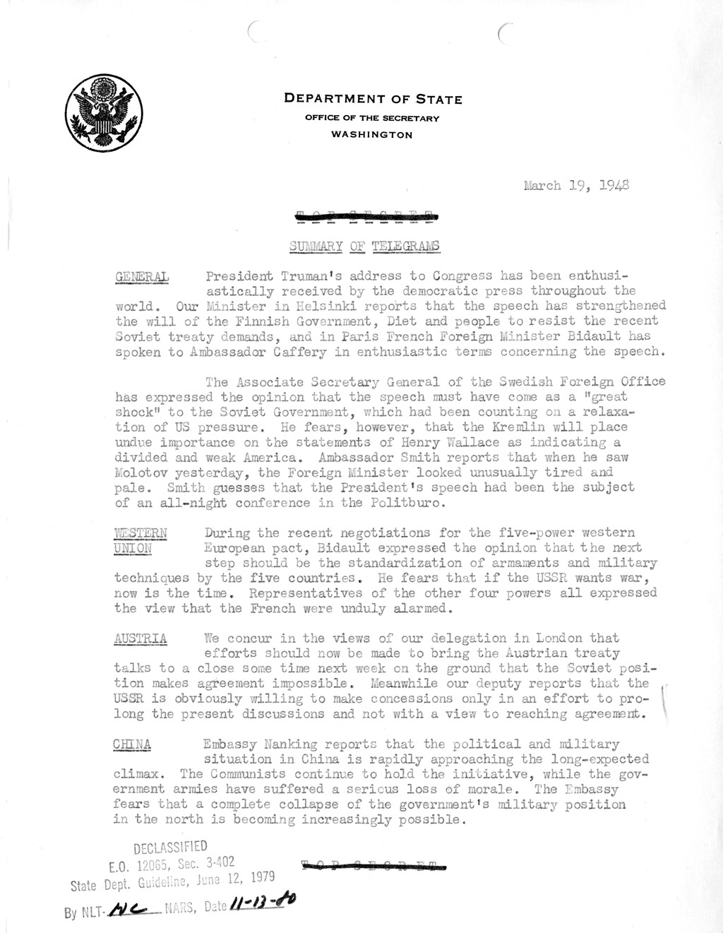 Memorandum, Department of State Summary of Telegrams