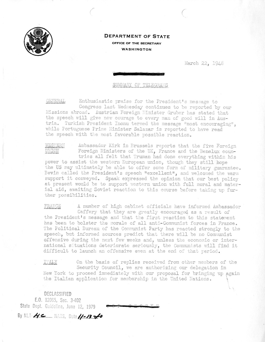 Memorandum, Department of State Summary of Telegrams