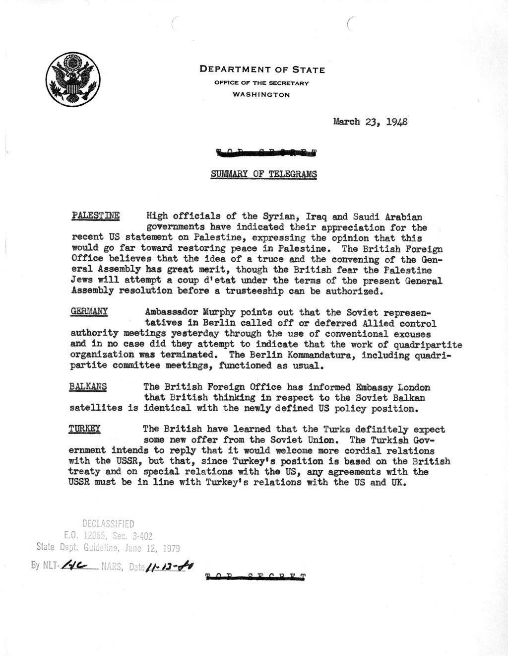 Memorandum, Department of State Summary of Telegrams