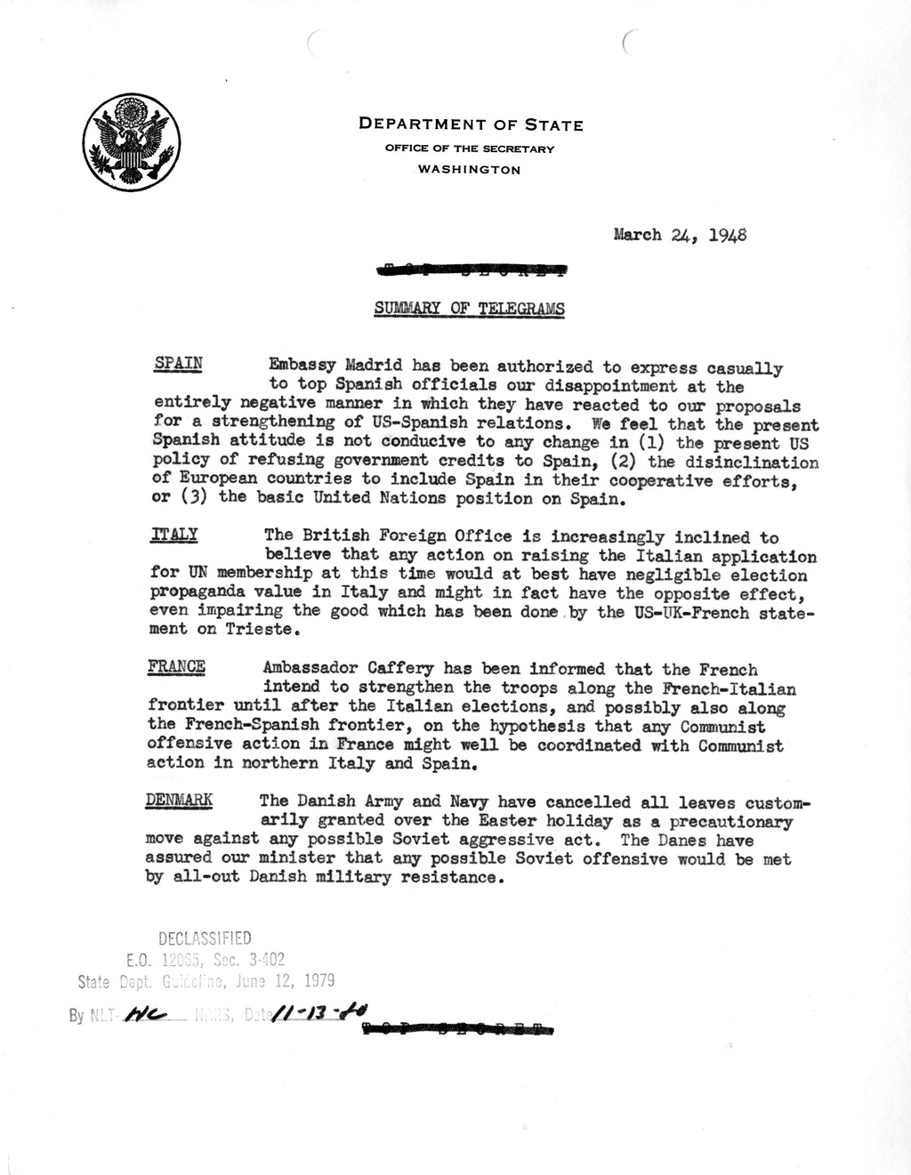 Memorandum, Department of State Summary of Telegrams