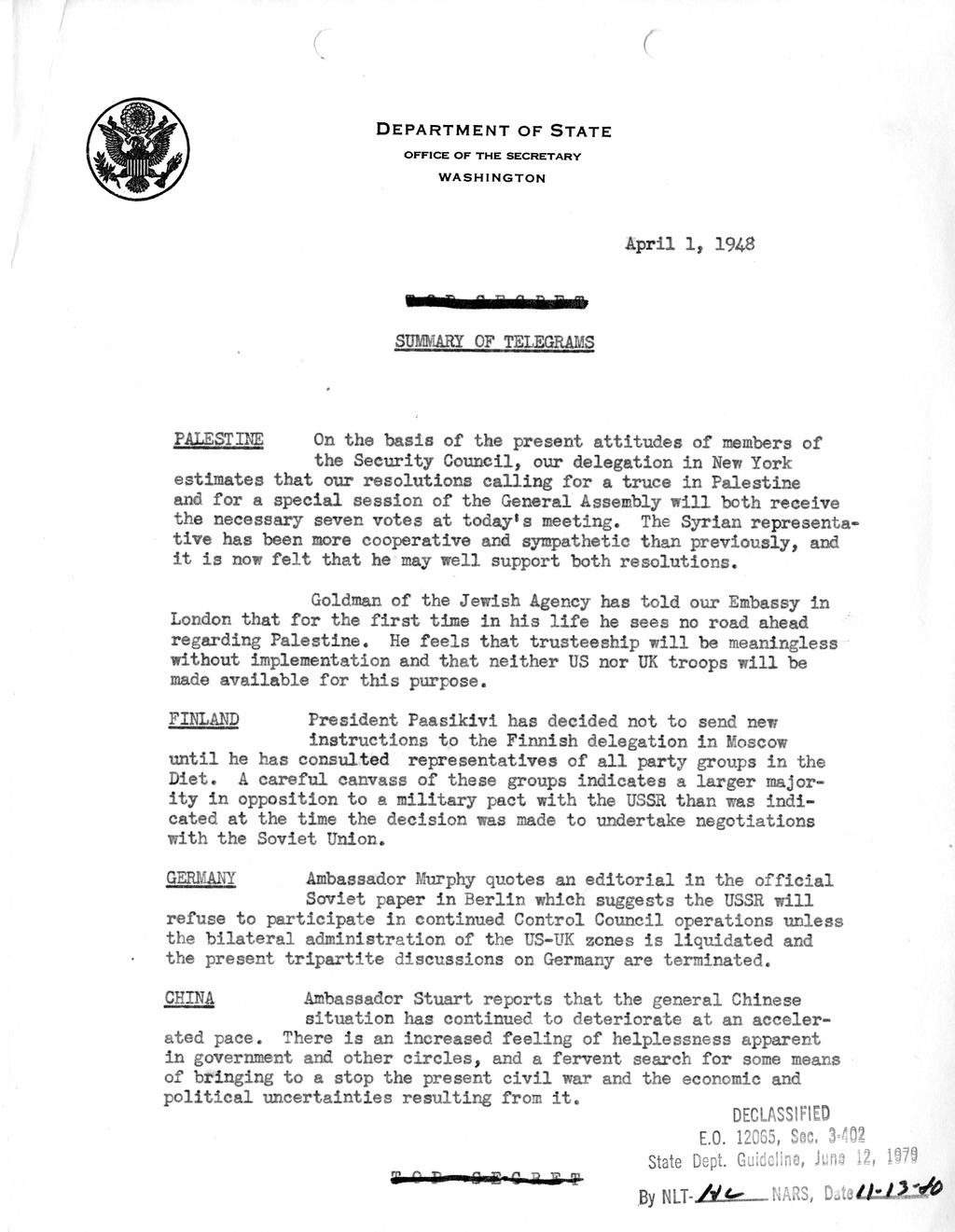 Memorandum, Department of State Summary of Telegrams