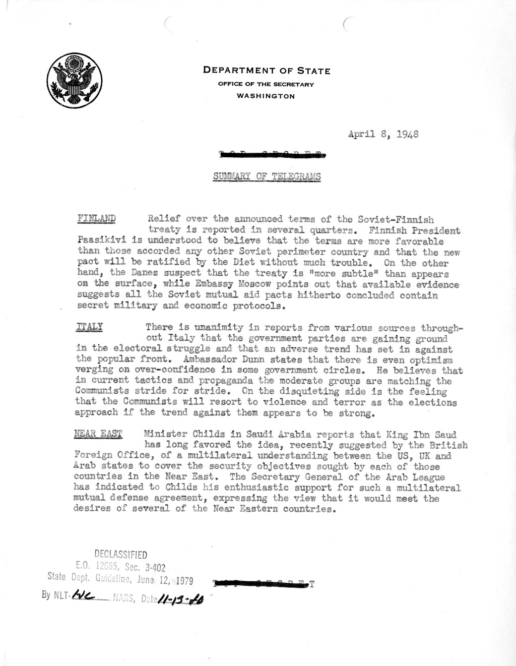 Memorandum, Department of State Summary of Telegrams