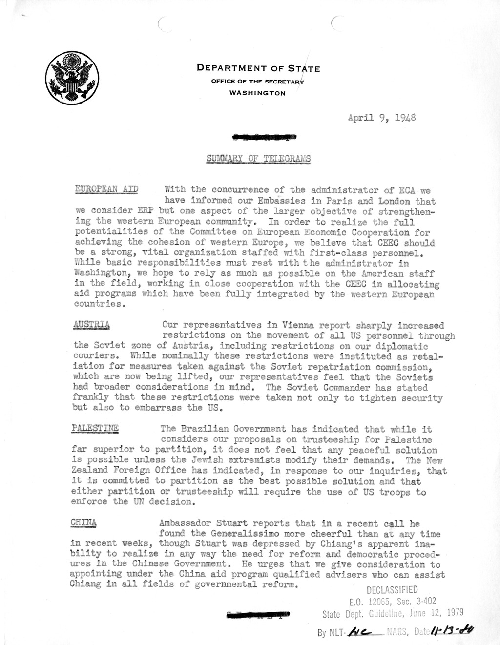 Memorandum, Department of State Summary of Telegrams