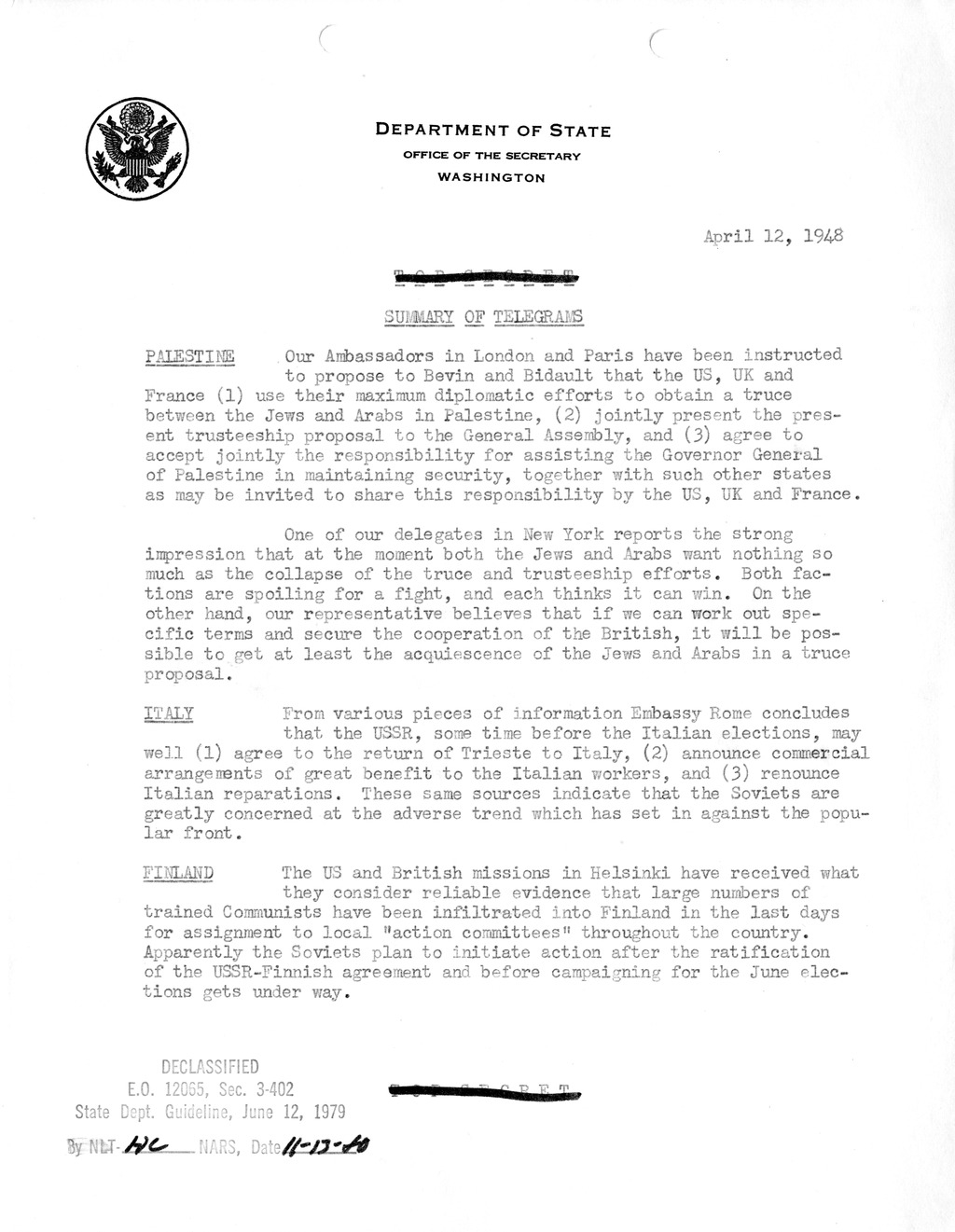 Memorandum, Department of State Summary of Telegrams