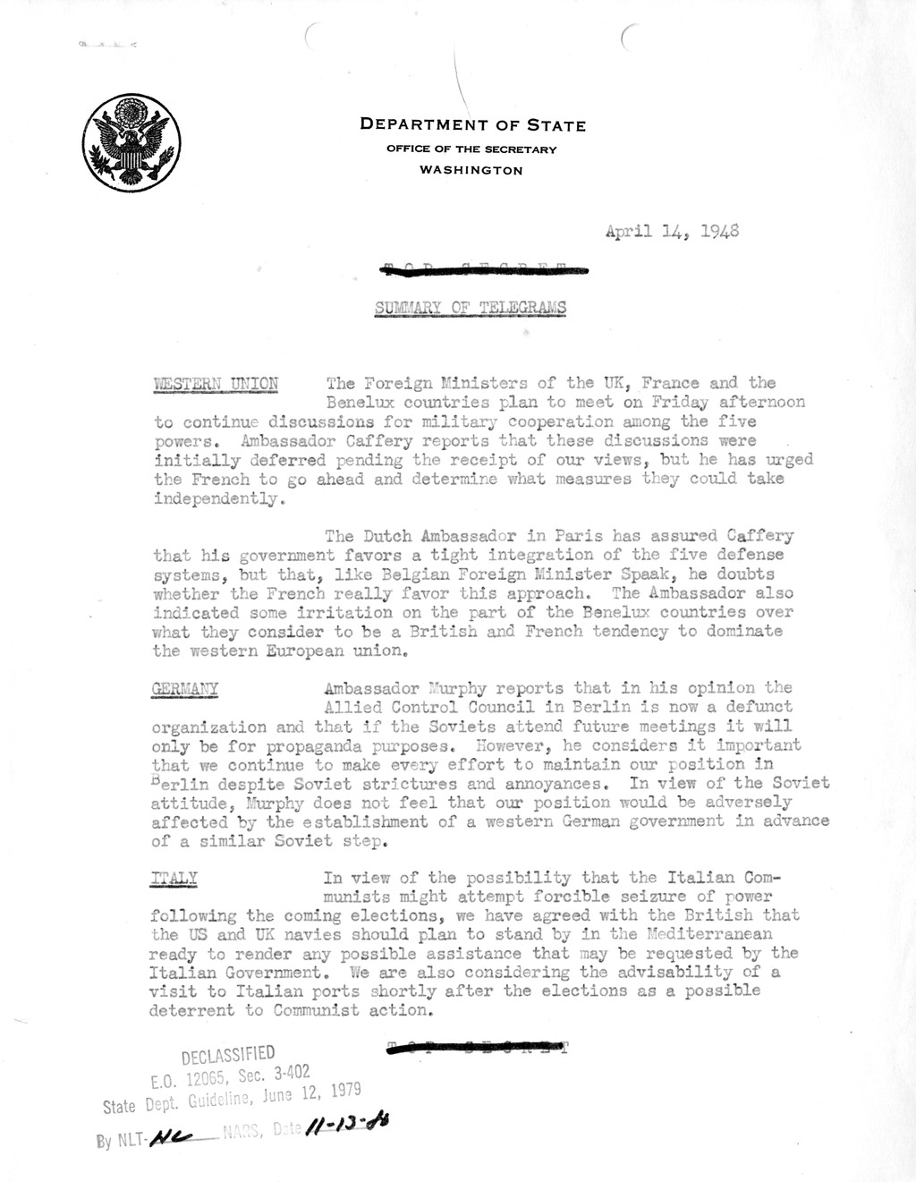 Memorandum, State Department Summary of Telegrams