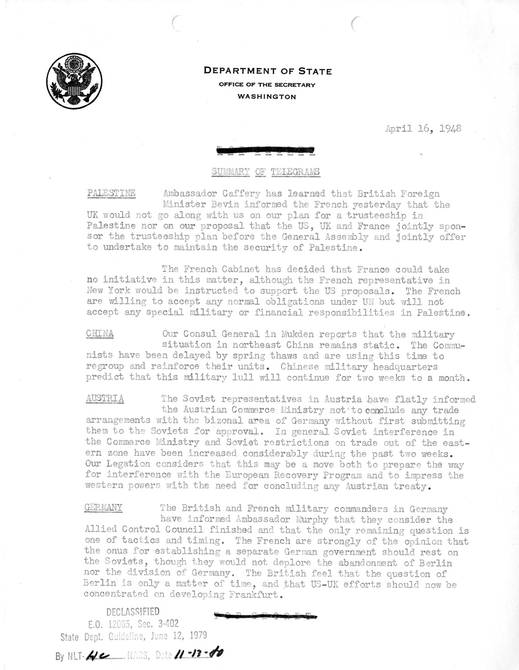 Memorandum, Department of State Summary of Telegrams