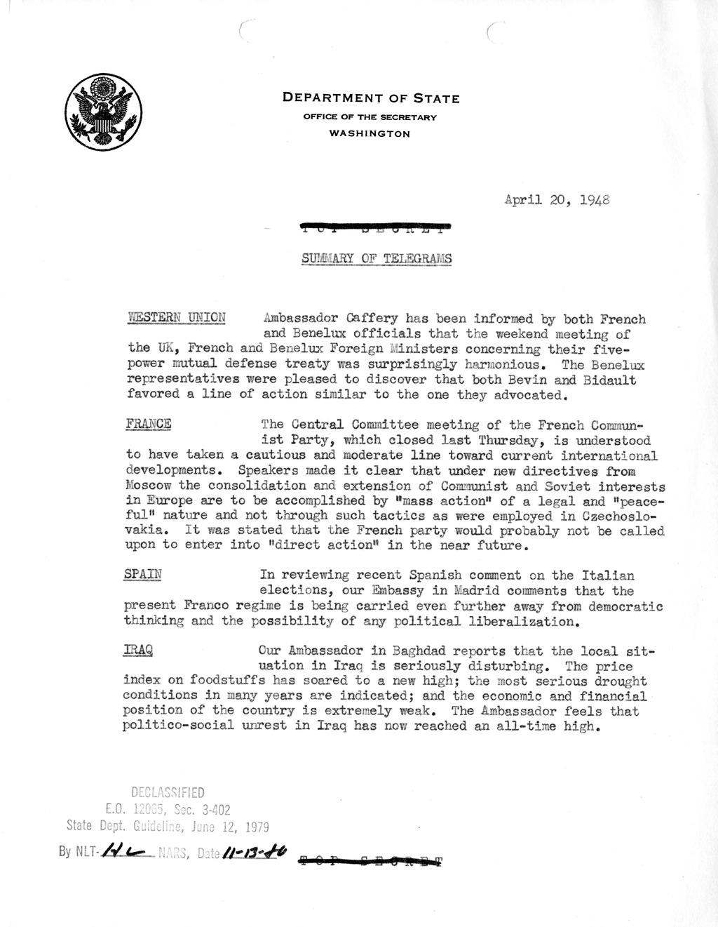 Memorandum, Department of State Summary of Telegrams