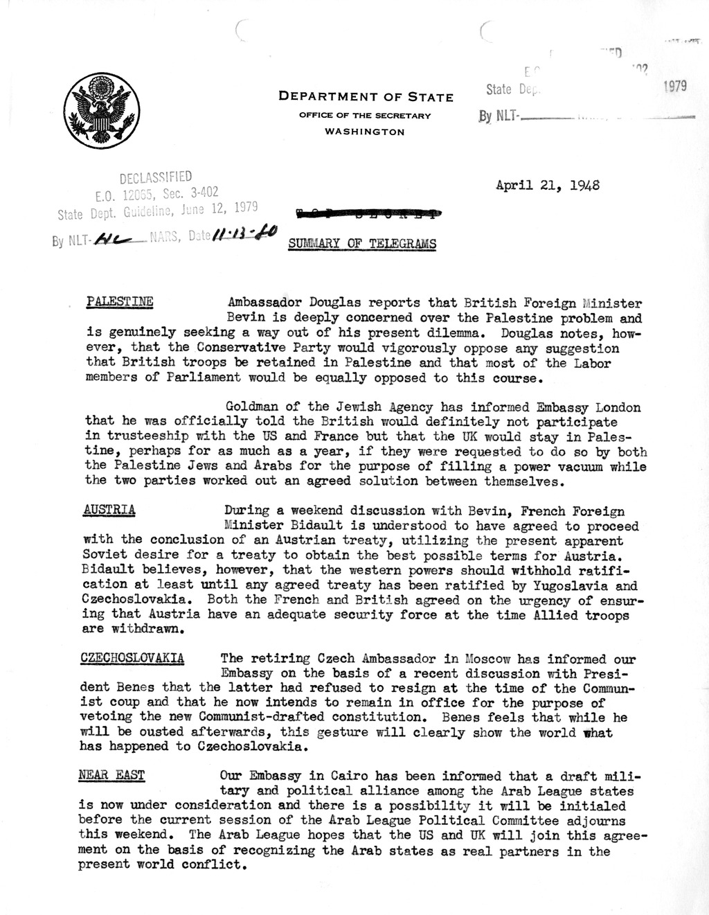Memorandum, Department of State Summary of Telegrams