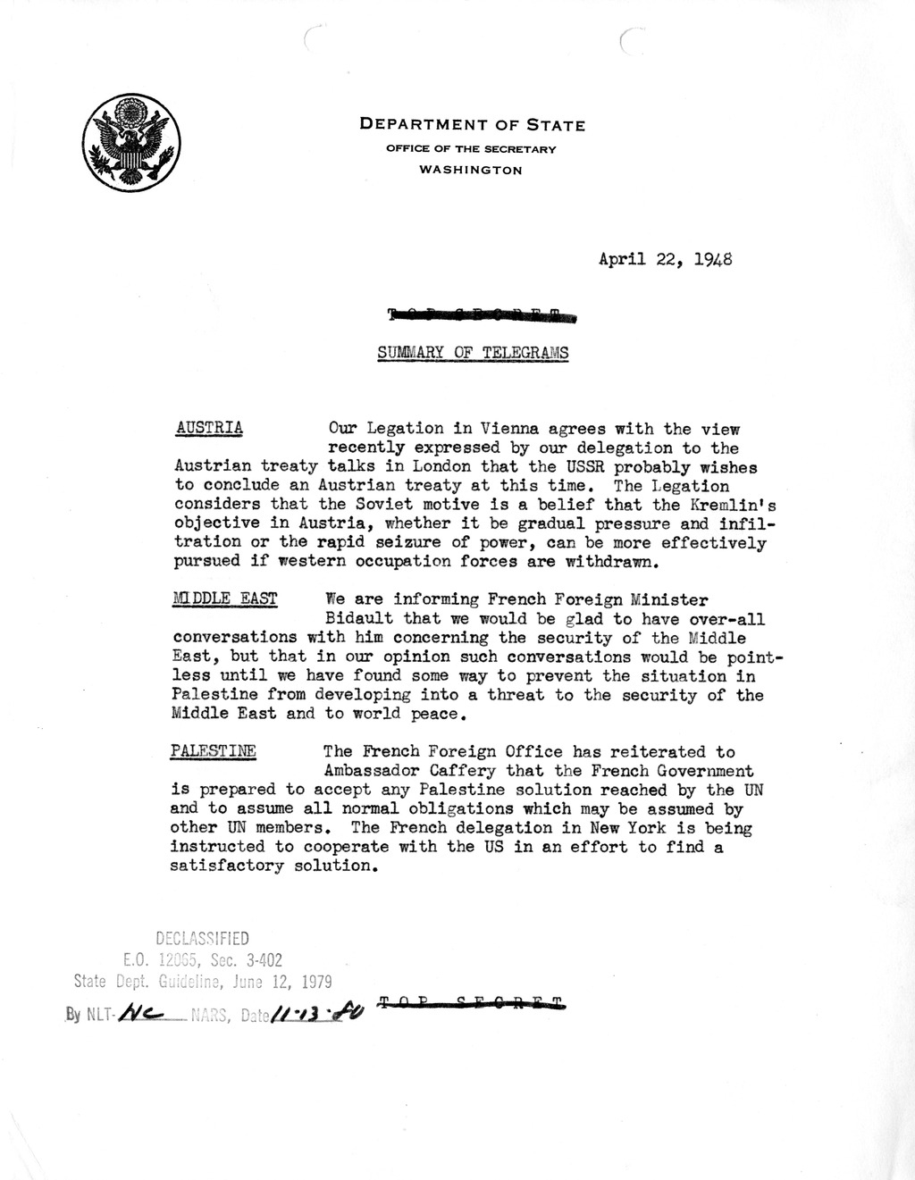 Memorandum, Department of State Summary of Telegrams