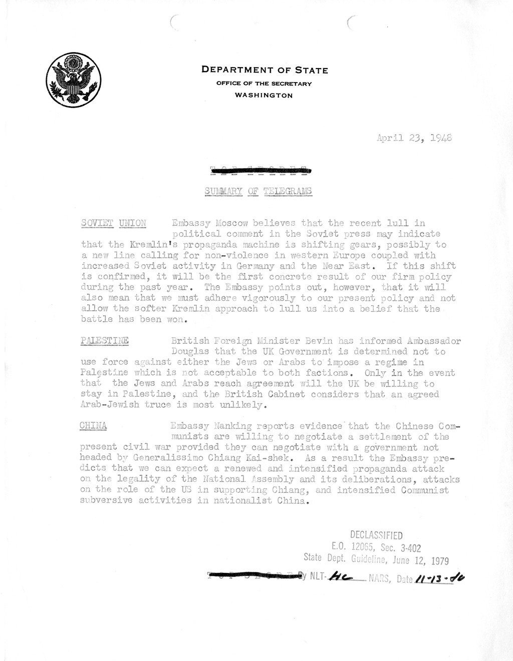 Memorandum, Department of State Summary of Telegrams