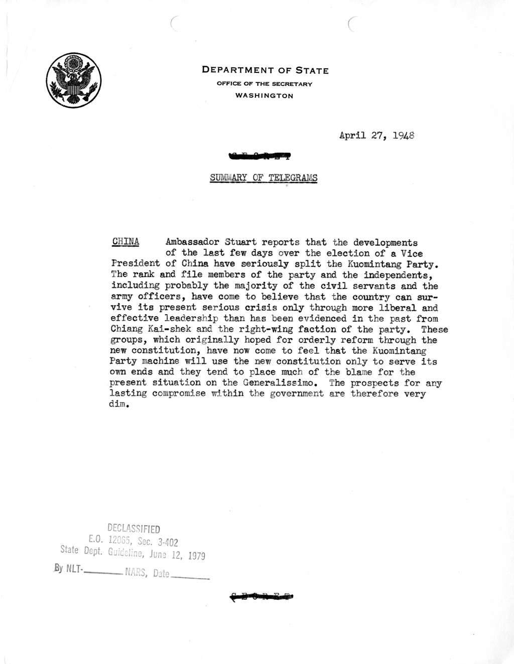 Memorandum, Department of State Summary of Telegrams