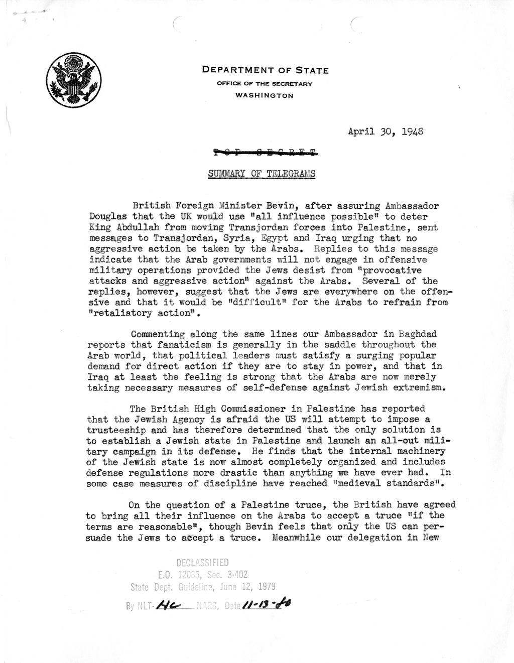 Memorandum, Department of State Summary of Telegrams