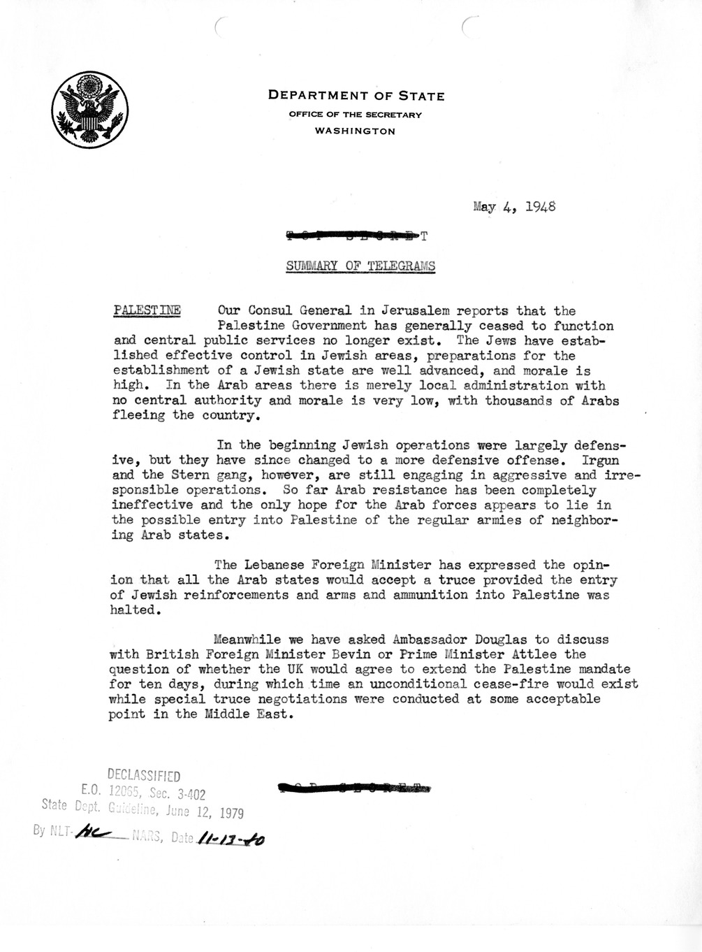 Memorandum, Department of State Summary of Telegrams