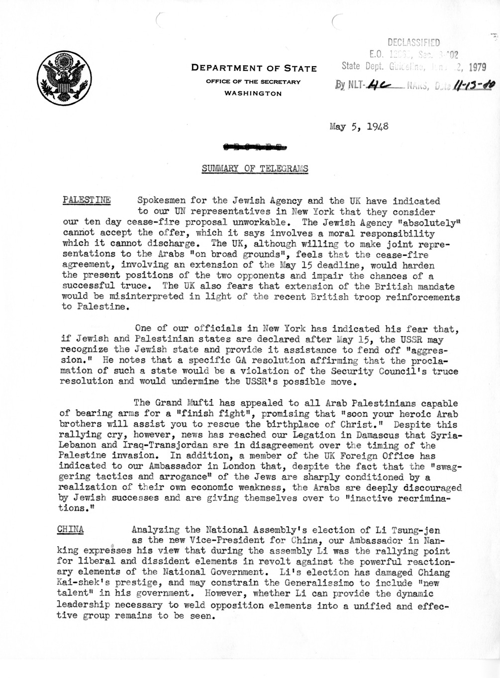 Memorandum, Department of State - Summary of Telegrams