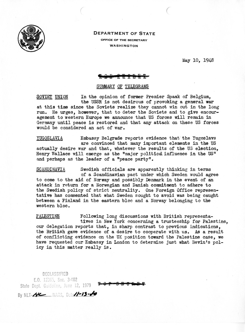 Memorandum, Department of State Summary of Telegrams