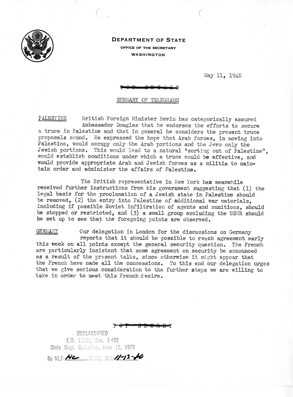 Memorandum, Department of State Summary of Telegrams
