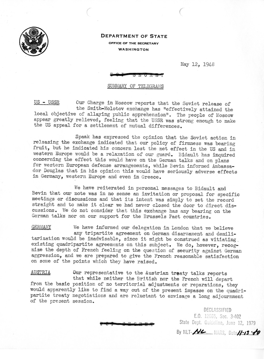 Memorandum, Department of State Summary of Telegrams
