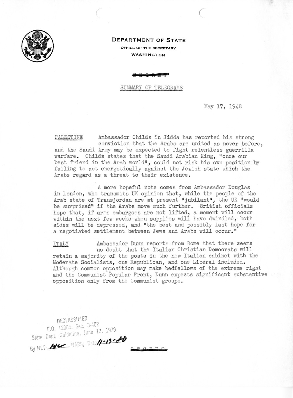 Memorandum, Department of State Summary of Telegrams