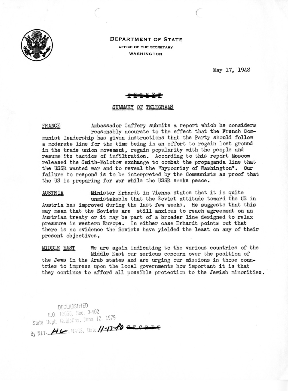 Memorandum, Department of State Summary of Telegrams