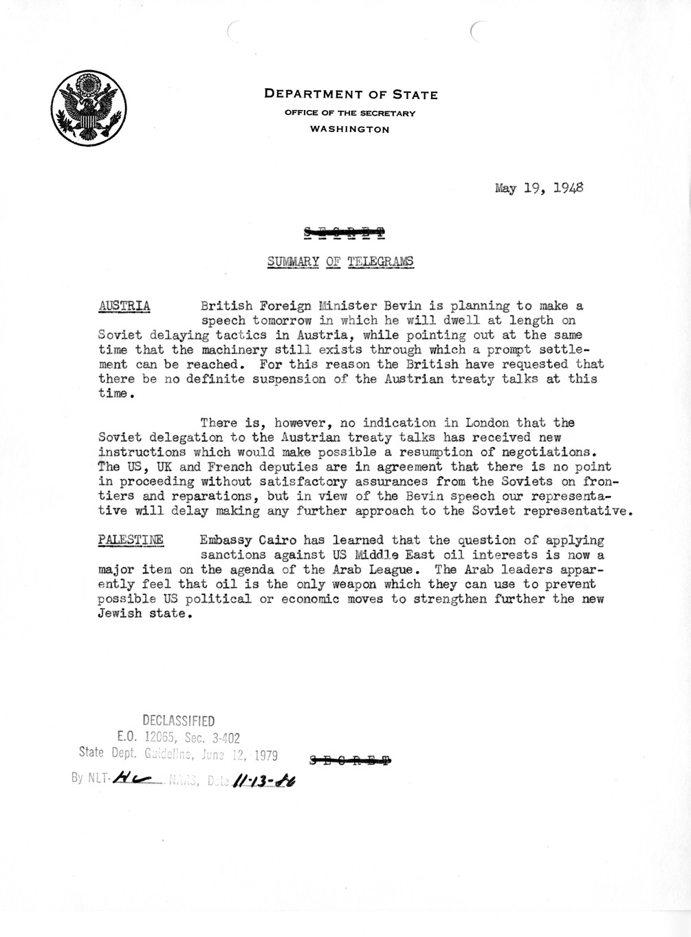 Memorandum, Department of State Summary of Telegrams