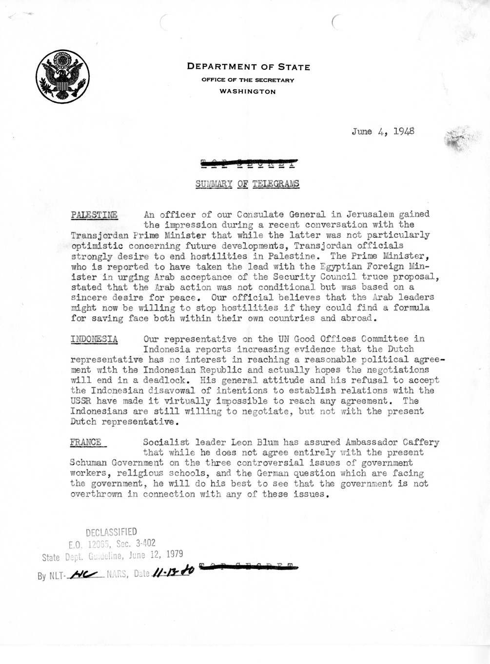 Memorandum, Department of State Summary of Telegrams