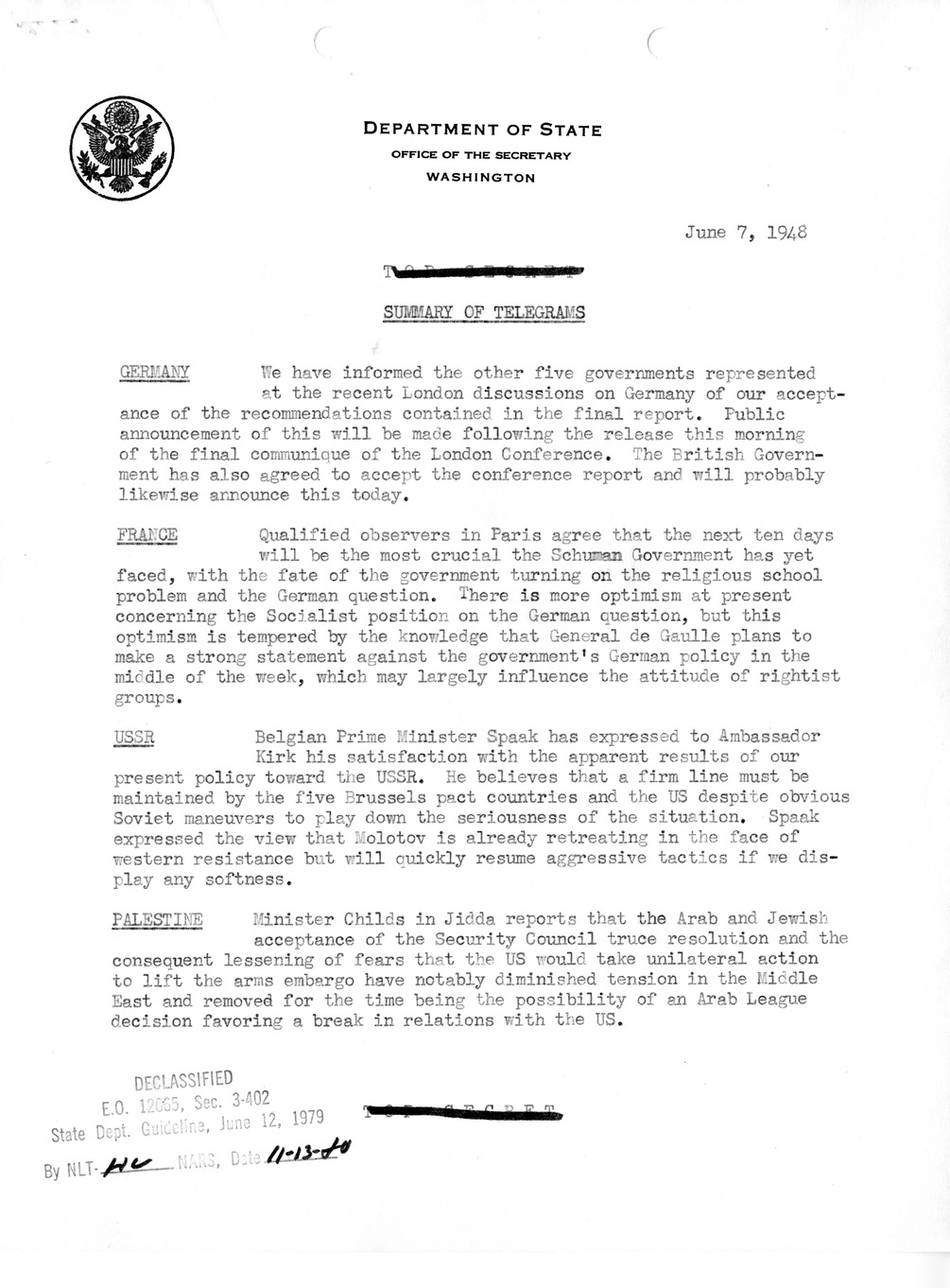 Memorandum, State Department Summary of Telegrams