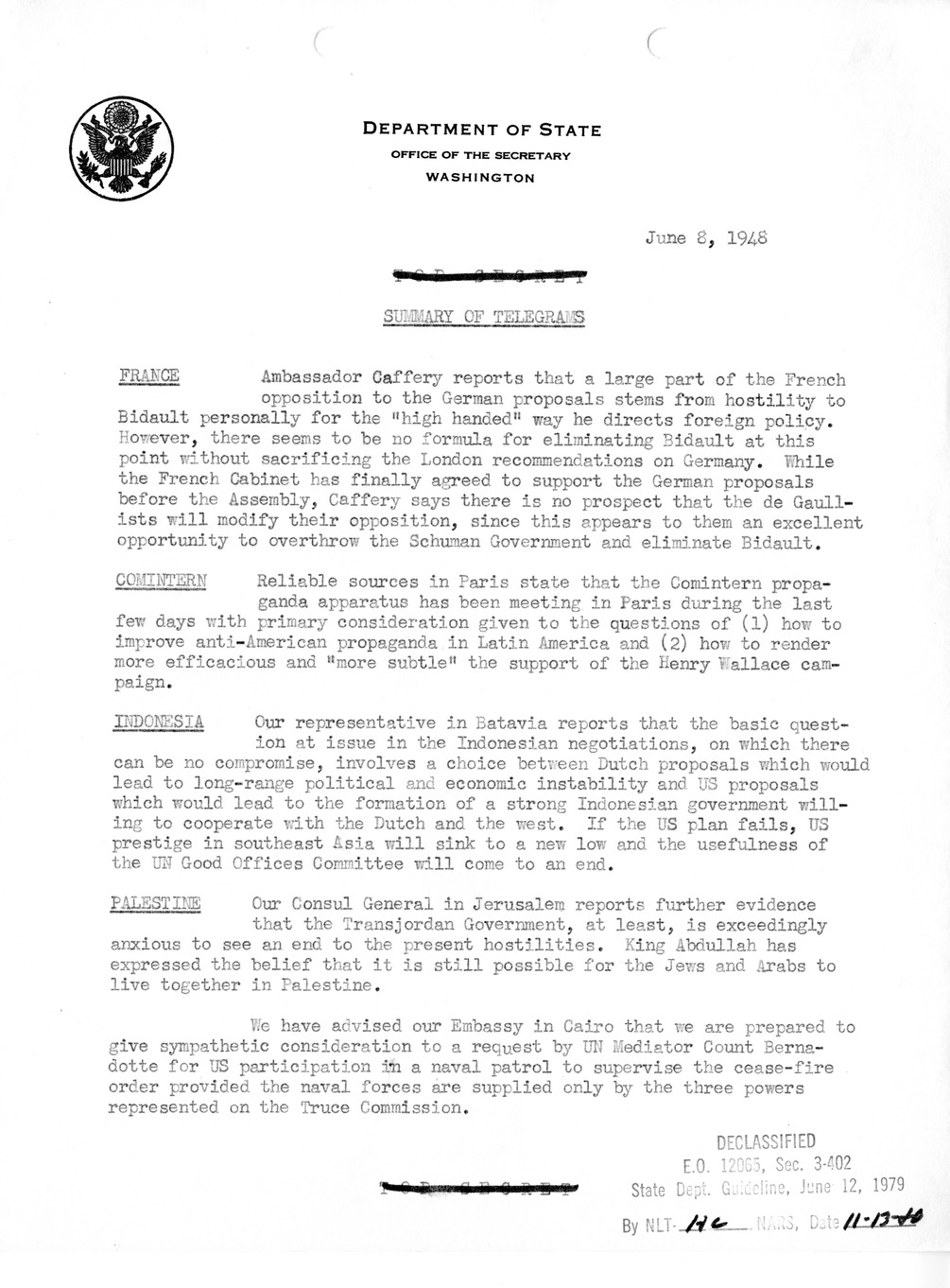 Memorandum, Department of State Summary of Telegrams