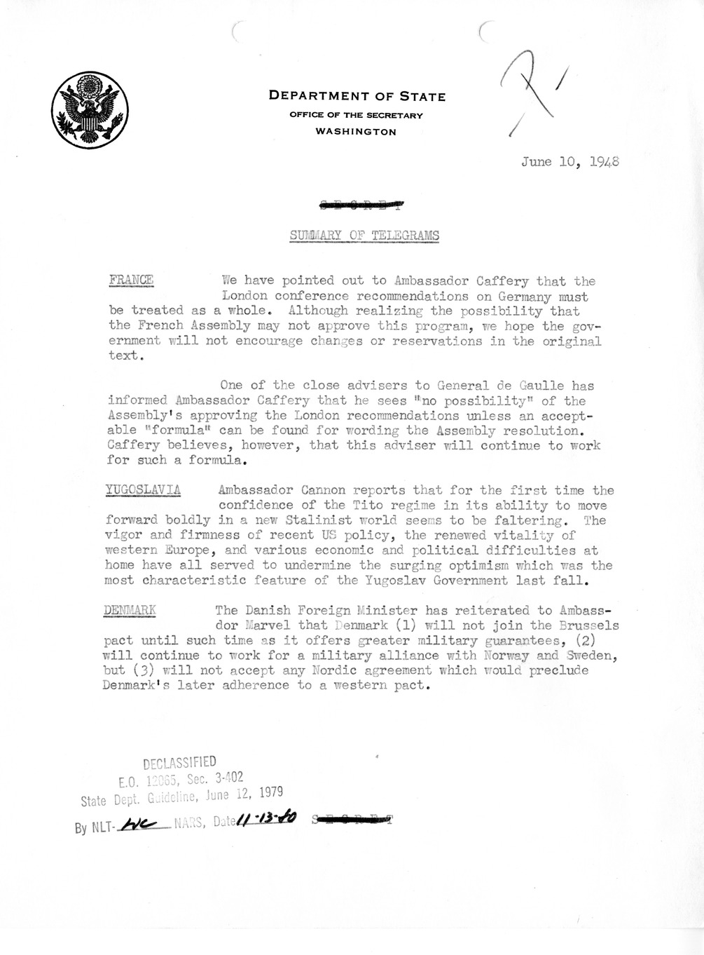 Memorandum, Department of State Summary of Telegrams