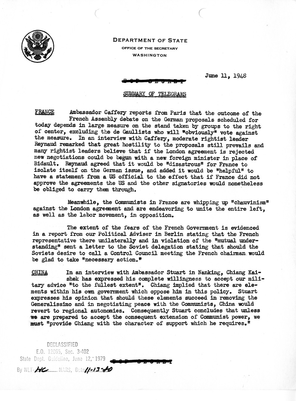 Memorandum, Department of State Summary of Telegrams