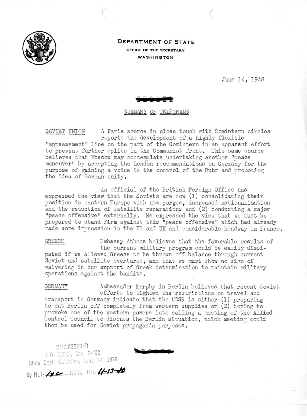 Memorandum, Department of State Summary of Telegrams